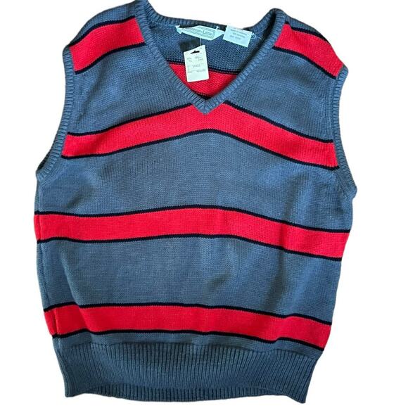 Vintage 80s Gray Red Striped Sweater Vest Men S Retro Prep Academia Unisex Cozy - Picture 17 of 17